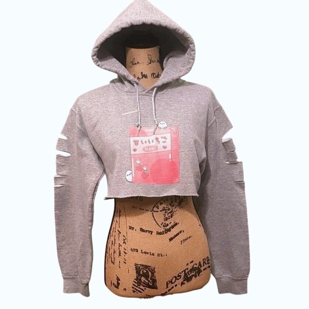 Handmade Upcycled Y2K Distressed Graphic‎ Streetwear Cropped Hoodie Gray Small